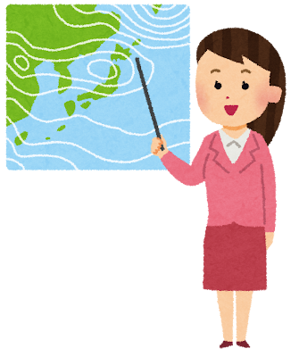 ニュース番組などで、天気図を指しながら天気の説明をしている、お天気お姉さん(気象予報士)のイラスト