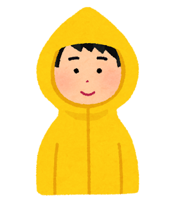 雨の日に黄色いカッパ(ポンチョ・レインポンチョ・レインコート)を着ている男性のイラスト