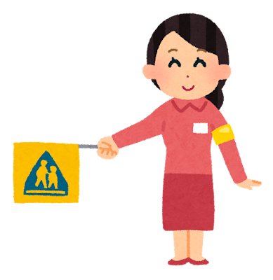 交通安全のために通学路に立って学生を見守る、私服の学童擁護員(緑のおばさん)のイラスト