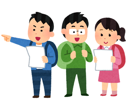 地図やパンフレットを見ながら友達同士で旅行をしているイラスト