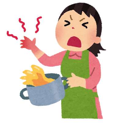 熱いお湯や油を触ってやけどしてしまった女性のイラスト