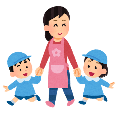 エプロンを付けた保育士さんが、幼稚園(保育園)の児童と一緒に散歩をしているイラスト