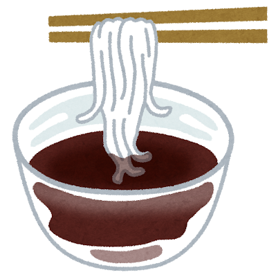 ツルンとしたそうめんを、箸で麺つゆにつけているイラスト