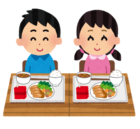 給食の時間に並んでご飯を食べている、かわいい男の子と女の子の生徒のイラスト