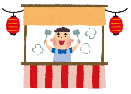 お祭りの屋台と料理をしている男性のイラスト