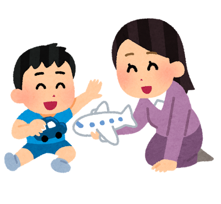 お母さんと男の子が楽しそうに玩具で遊んでいるイラスト