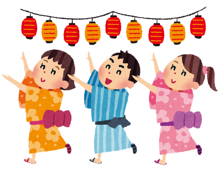 提灯を背景に盆踊りをしている男の子と女の子のイラスト