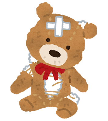 ボロボロに破れて中身が出てきている、クマのぬいぐるみ（テディベア）のイラスト