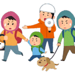 ペットと避難している人たちのイラスト