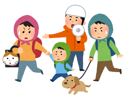 ペットと避難している人たちのイラスト