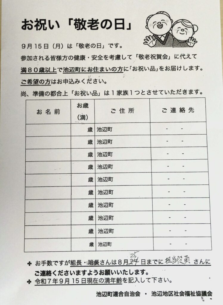 敬老の日のお祝い　申込書