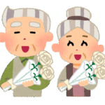 敬老の日に受け取った白いバラを持って、嬉しそうに笑っている老夫婦のイラスト