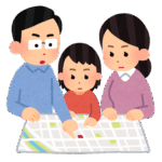 避難所を確認する家族のイラスト