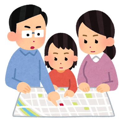 避難所を確認する家族のイラスト