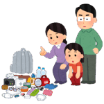 防災グッズを確認する家族のイラスト
