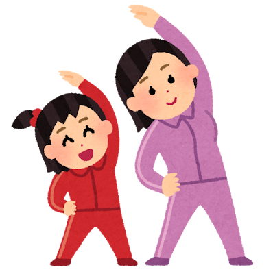お母さんと子供が仲良くストレッチ運動をしているイラスト