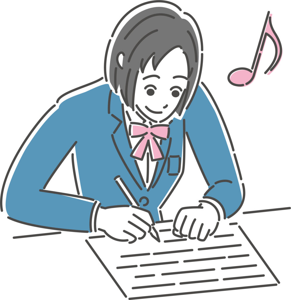 余裕でテストを受ける女子学生のイラスト