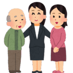 社会福祉士の女性が、お年寄りとその家族から、介護や病気の相談を受けているイラスト