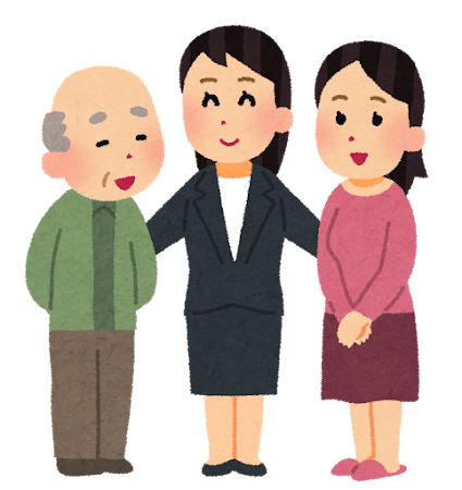 社会福祉士の女性が、お年寄りとその家族から、介護や病気の相談を受けているイラスト