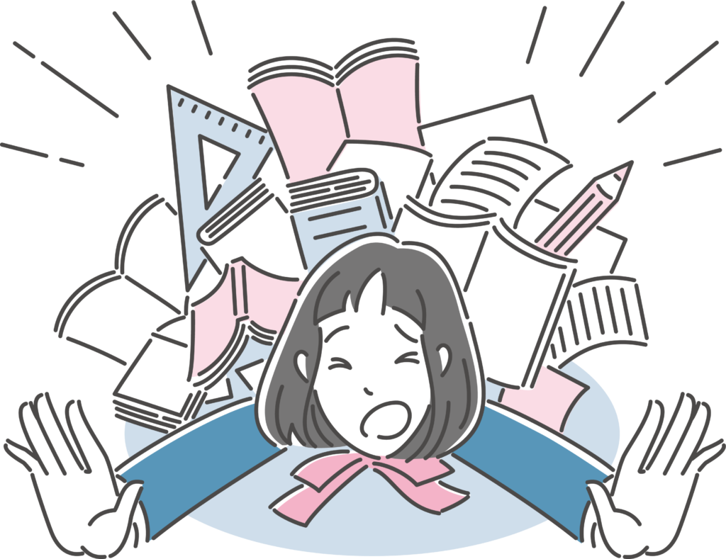 勉強に押しつぶされる女子学生のイラスト