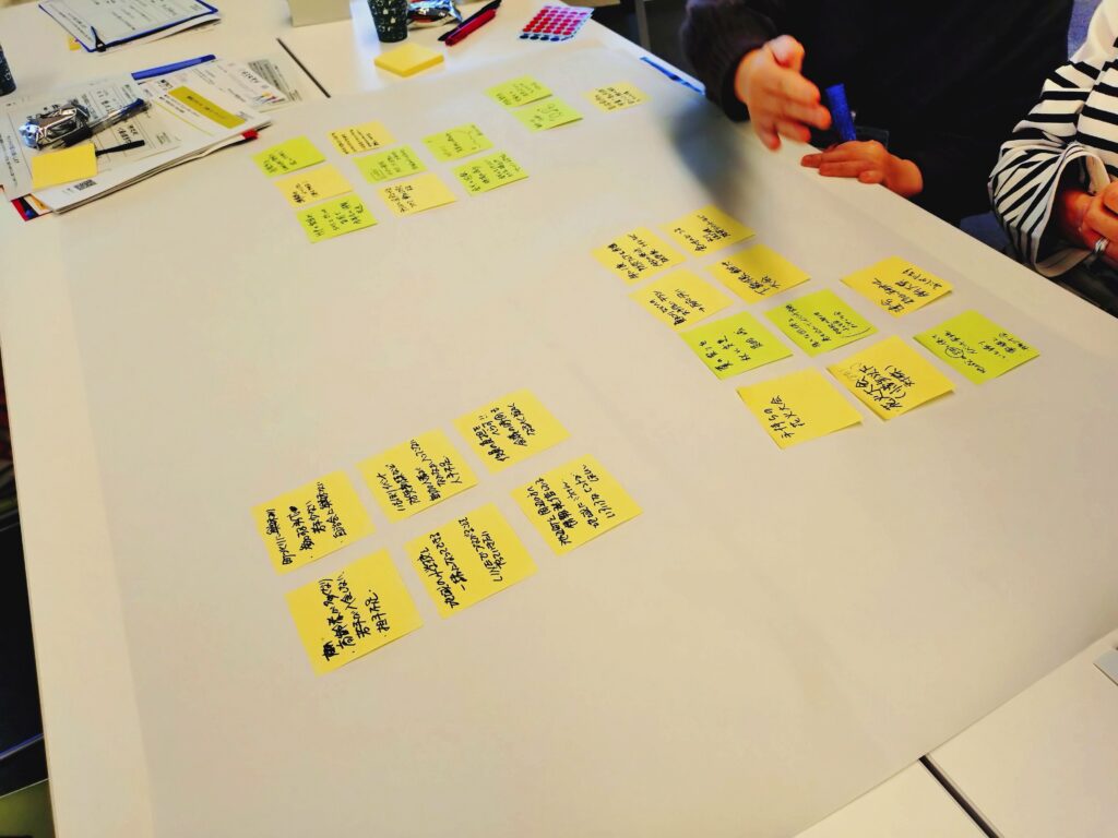 アイデアを書き出し、テーマごとにグルーピングして模造紙に貼り付け