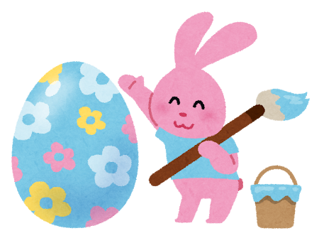 ピンクのうさぎのキャラクターが卵にお絵描きをしているイースター(復活祭)のイラスト