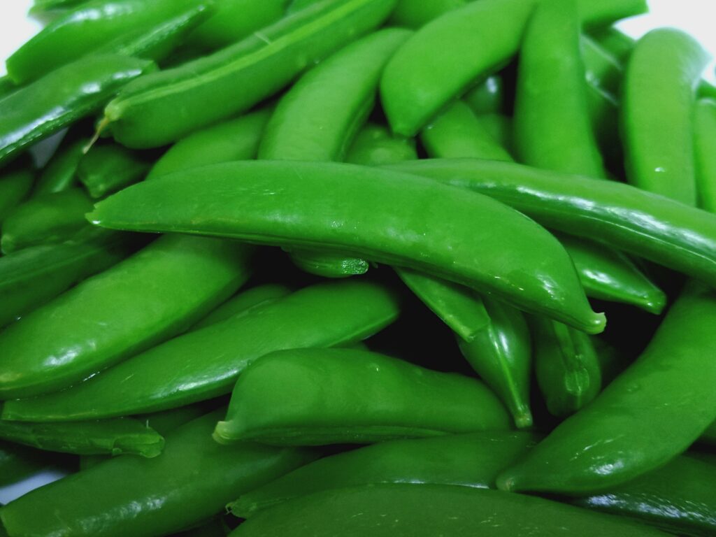 湯がいて深緑色になったスナップエンドウ