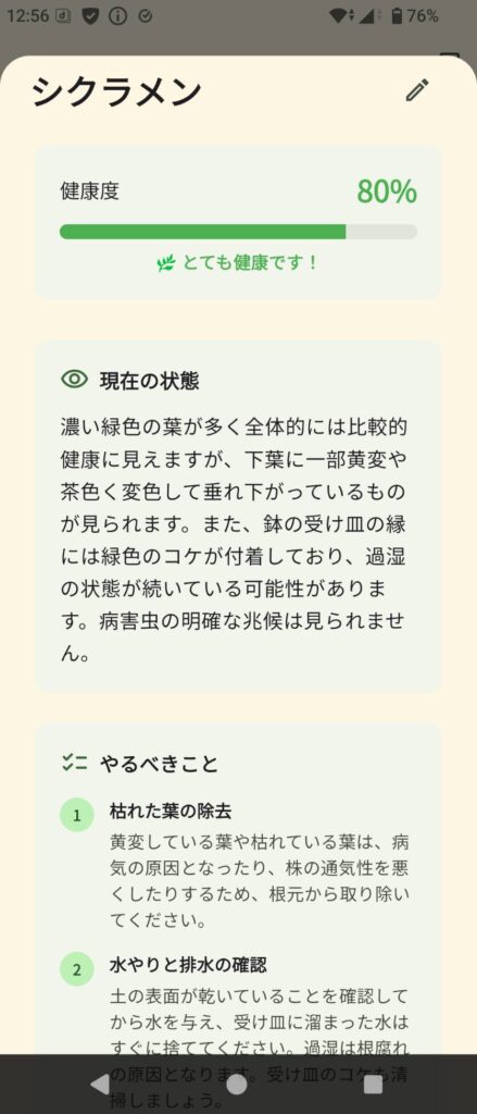 シクラメンの健康状態の詳細画面②(健康状態とアドバイス)