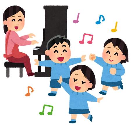 ピアノに合わせて踊る子供たちのイラスト